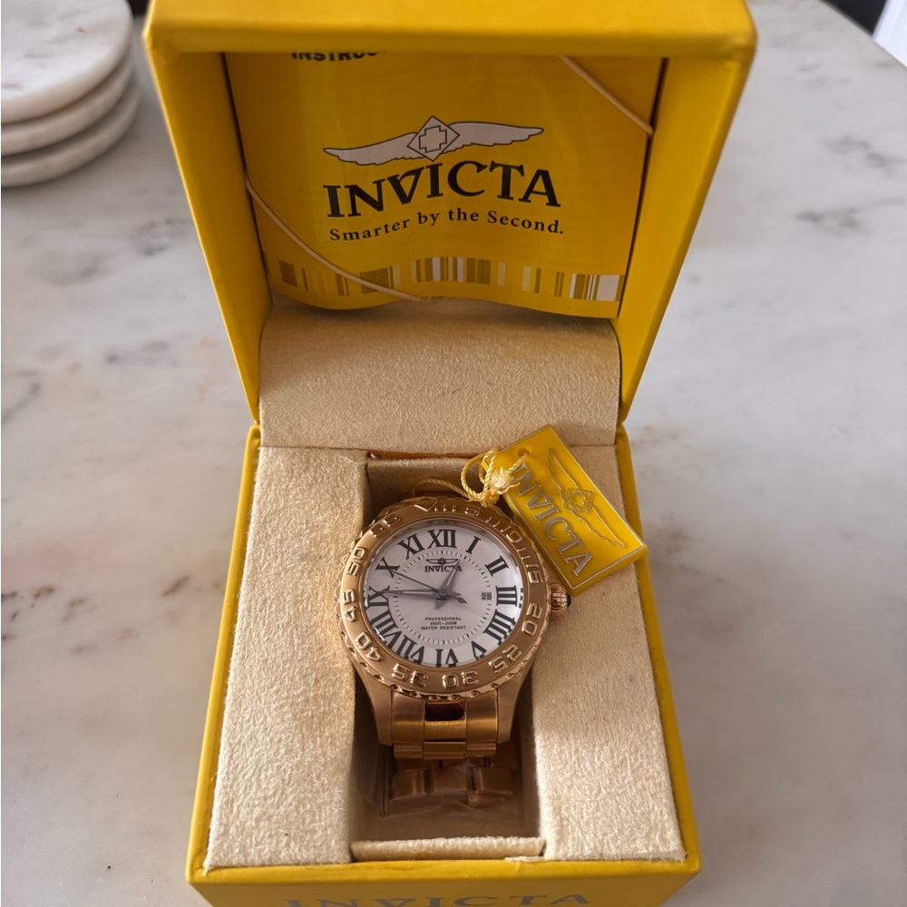 Invicta Gold Timepiece with White Roman Dial